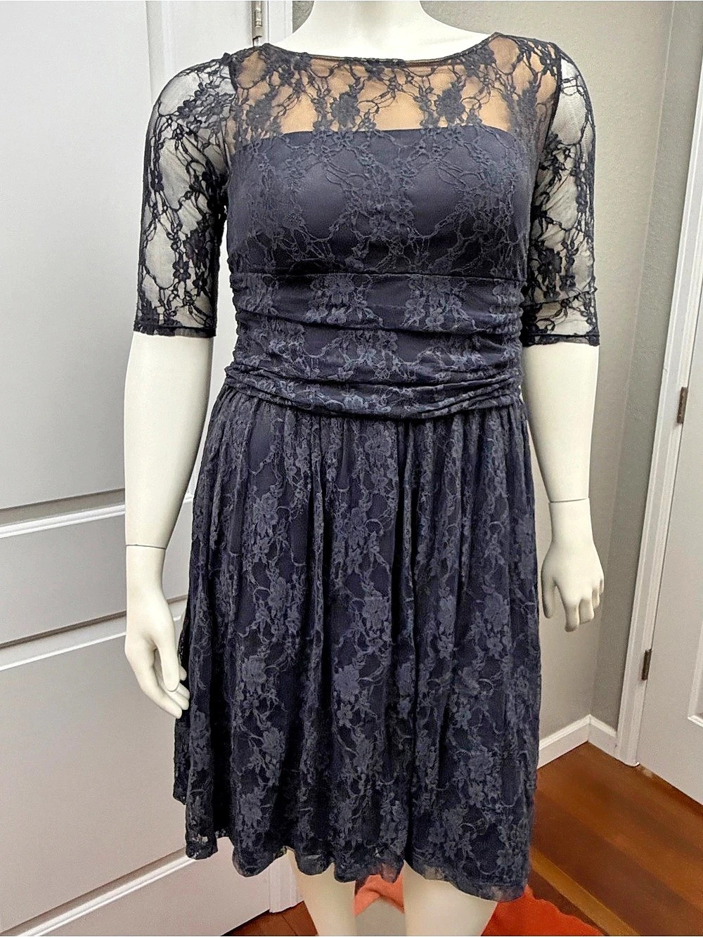 Kiyonna Lace Midi Dress in Blue/Grey Size 1